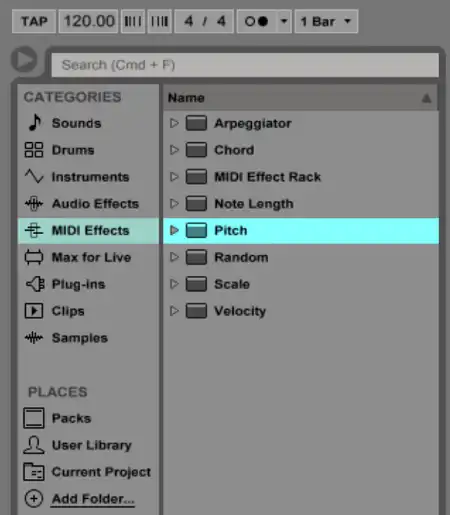 Using the Pitch MIDI Effect